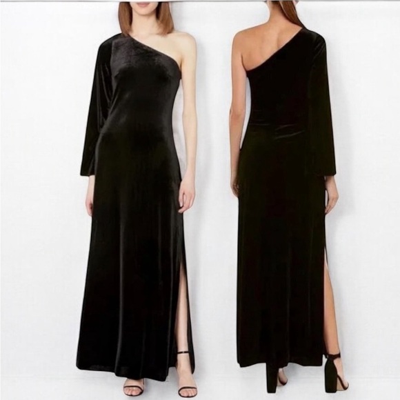 🌻NEW w.tag French Connection Black Velvet One Shoulder Maxi Dress Size 8 - Picture 1 of 12